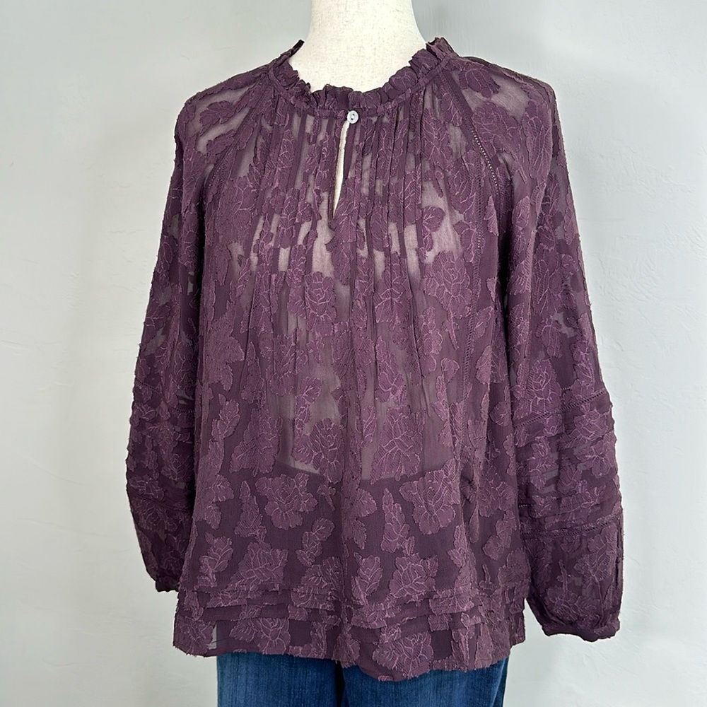 J. Jill Ventana Jacquard Sheer Popover Long Sleeve Purple Blouse NWT